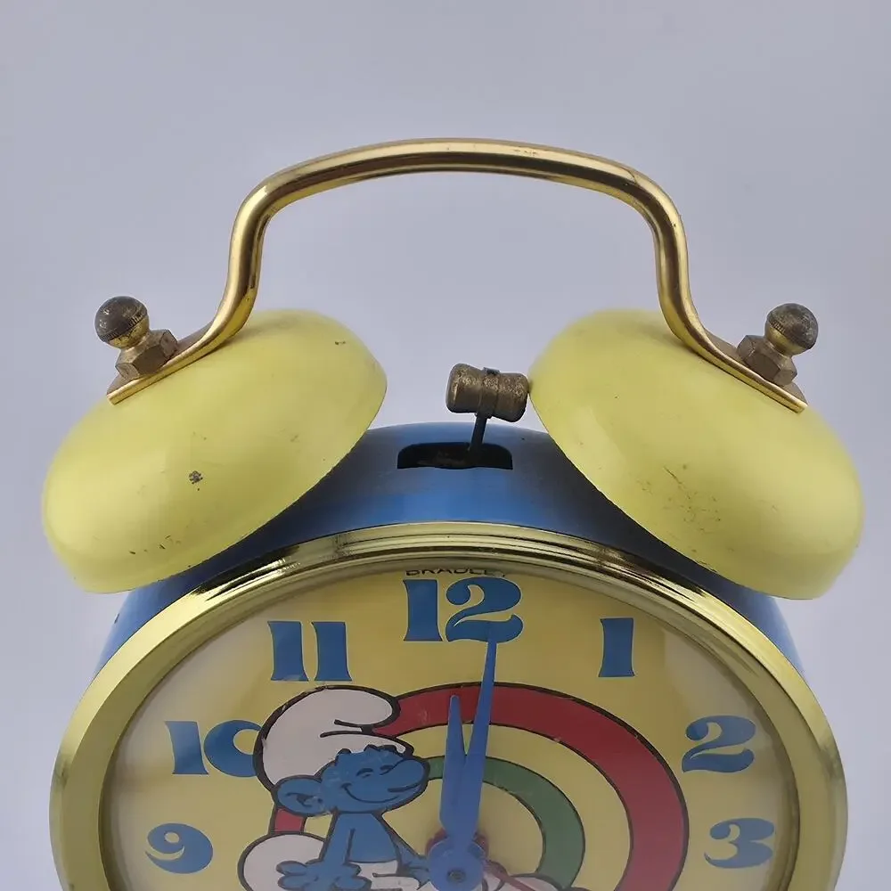 Smurf Double Bell Alarm Clock Bradley Time Blue Yellow Tested Runs Vintage
